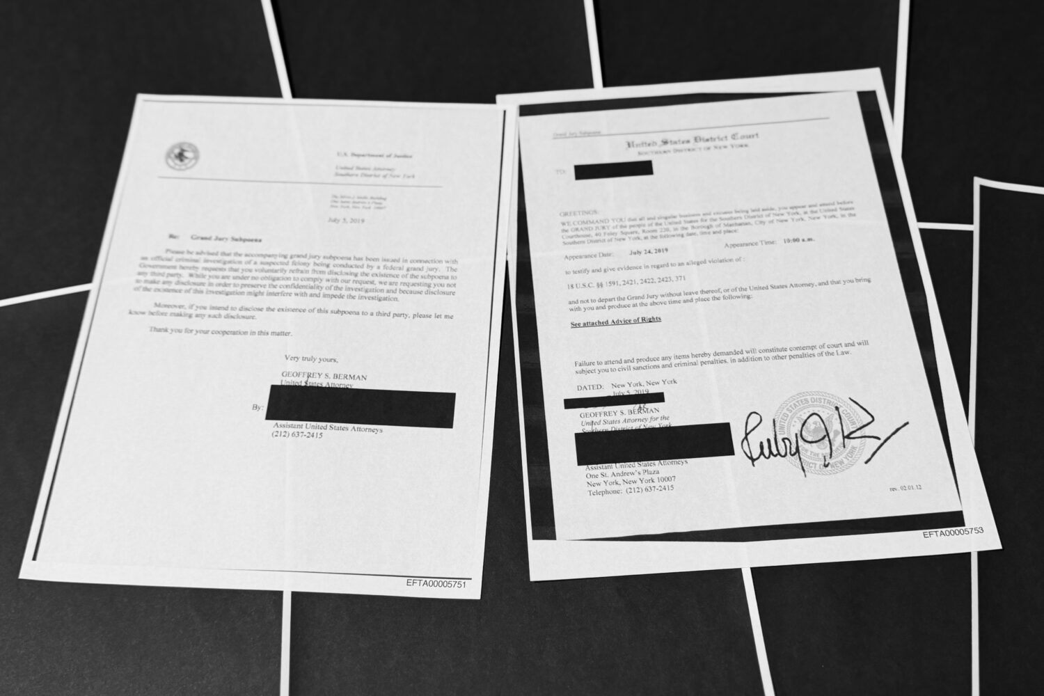 Pages that show New York grand jury subpoenas being issued into the Jeffrey Epstein and Ghislaine M...