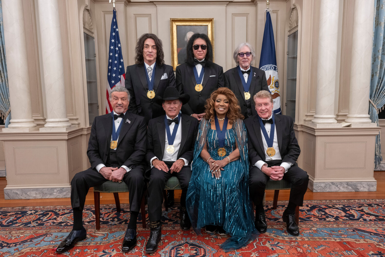 The 2025 Kennedy Center Honorees, front row from left, Sylvester Stallone, George Strait, Gloria Ga...
