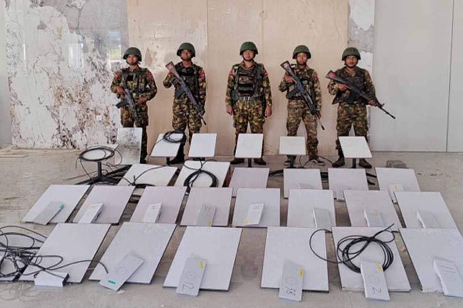 FILE - In this image provided by the Myanmar military on Oct. 19, 2025, soldiers stand next to Star...