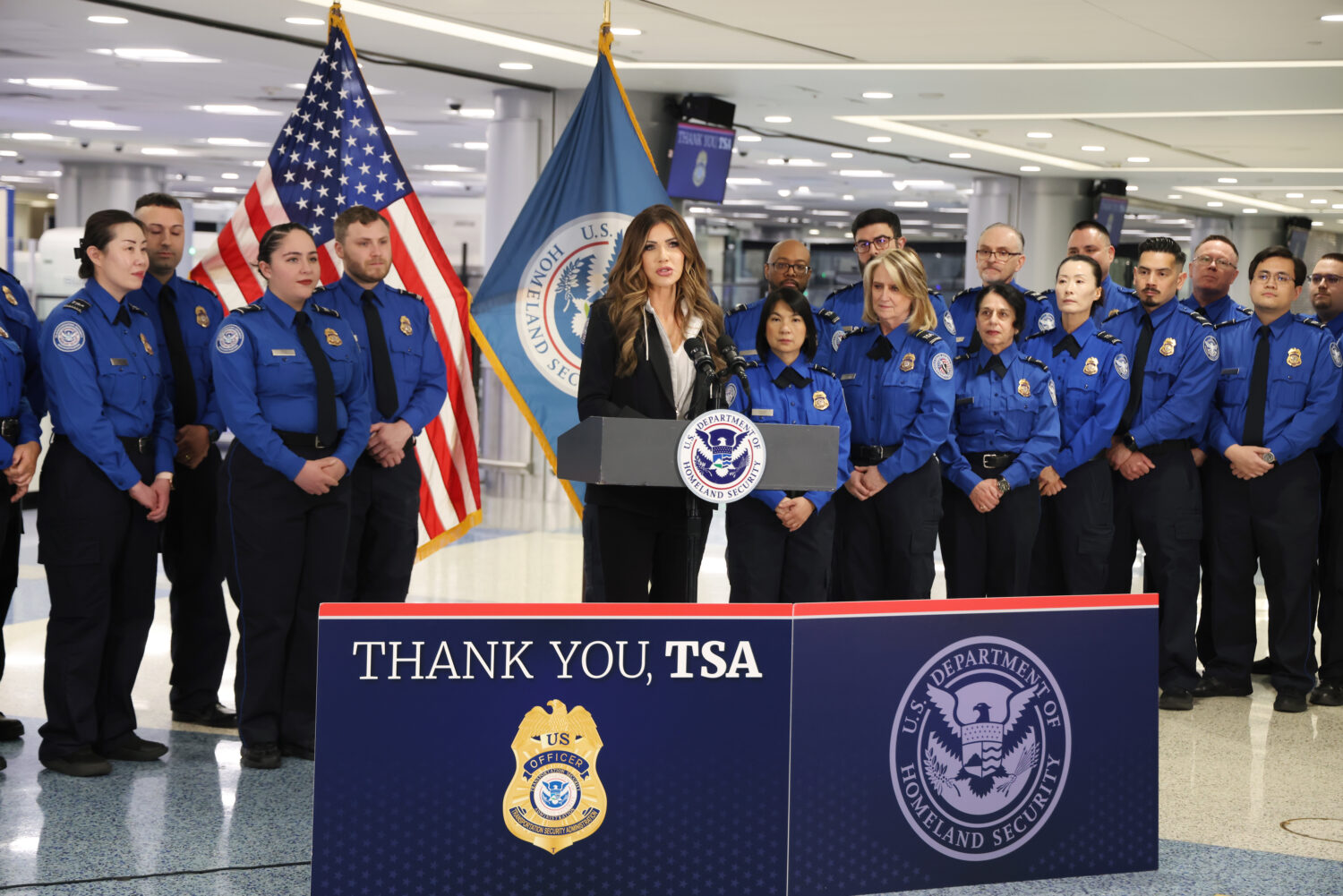 U.S. Homeland Security Secretary Kristi Noem speaks at a news conference at Harry Reid Internationa...