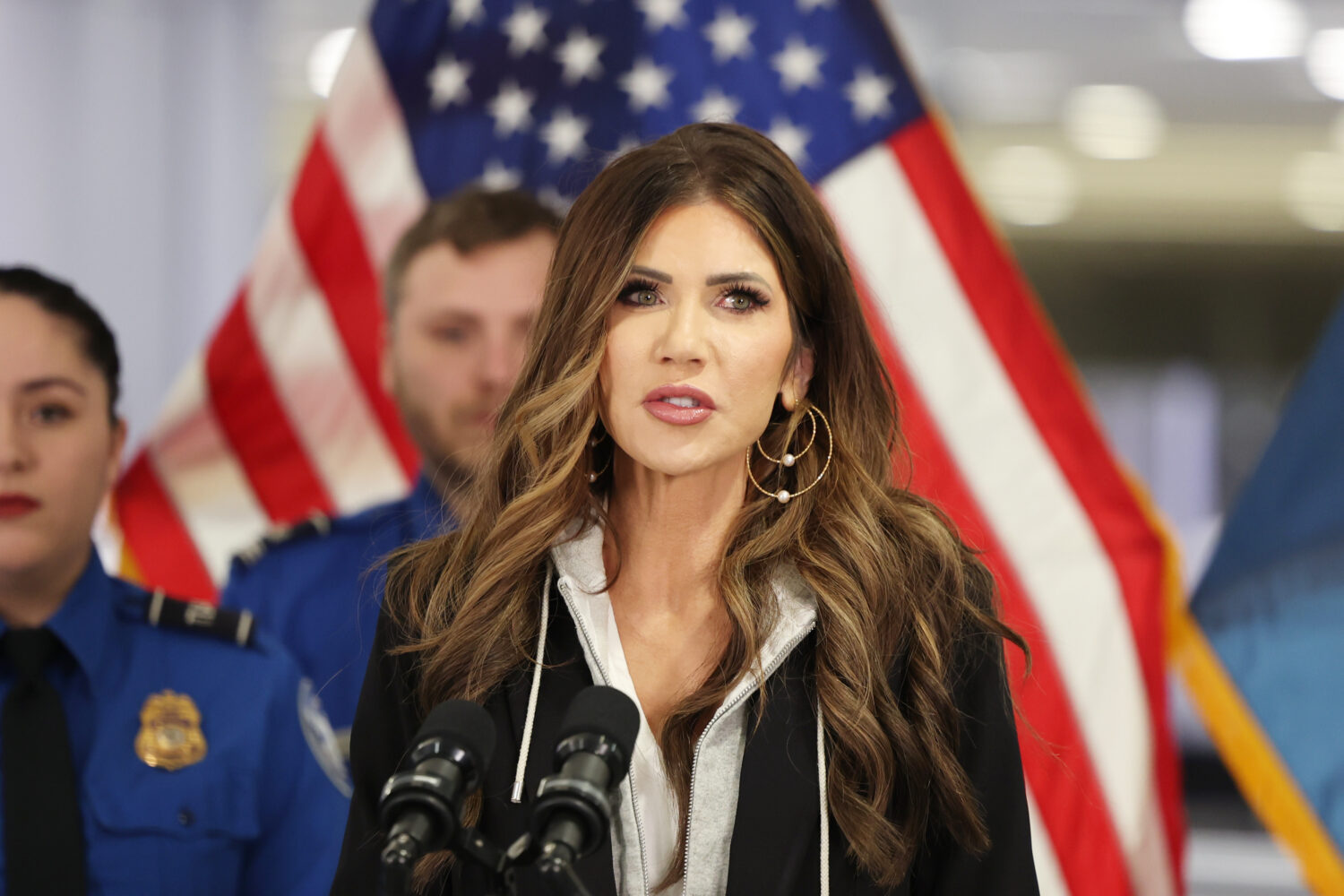 U.S. Homeland Security Secretary Kristi Noem speaks at a news conference at Harry Reid Internationa...