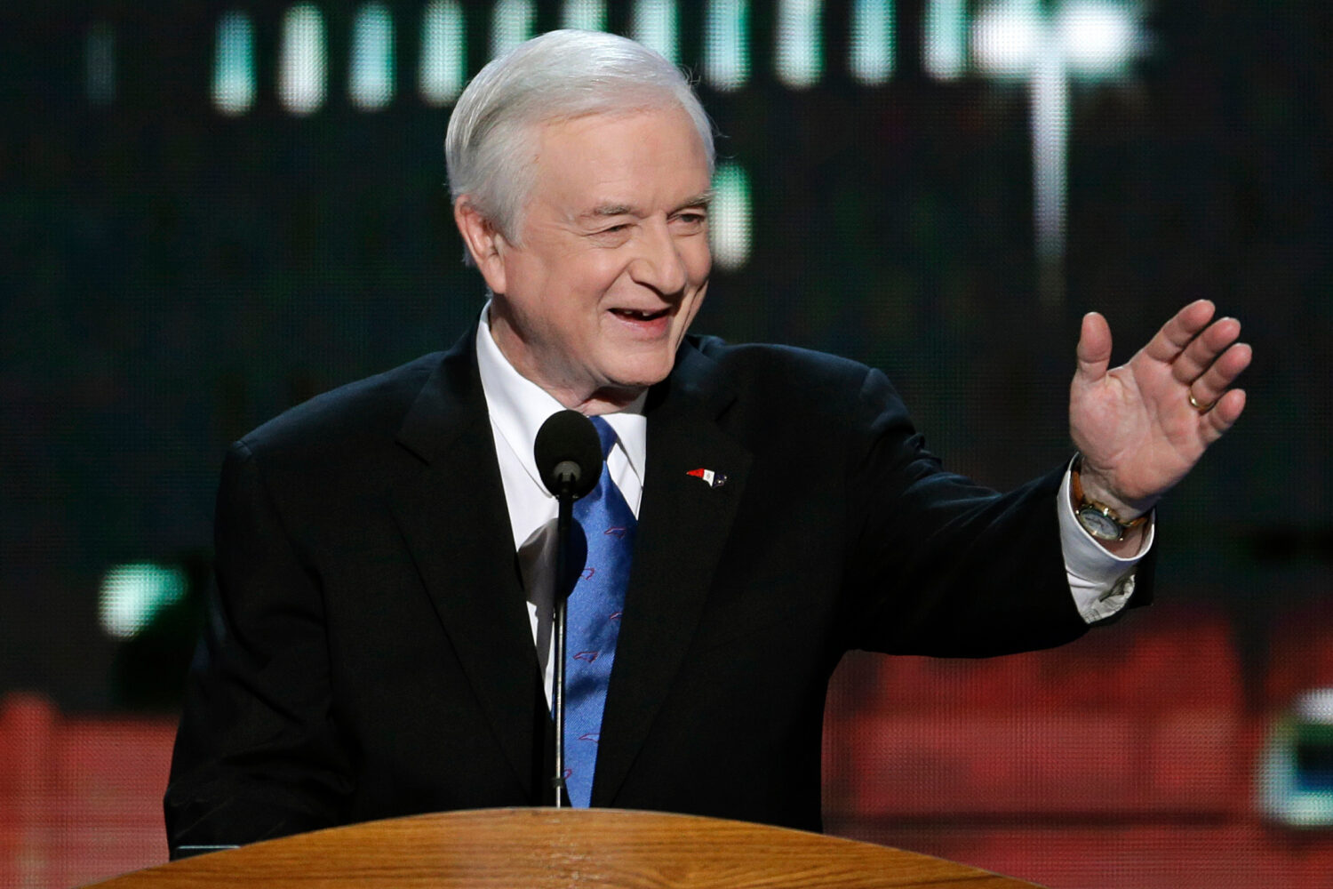 FILE- Former North Carolina Gov. Jim Hunt speaks at the Democratic National Convention, Sept. 5, 20...