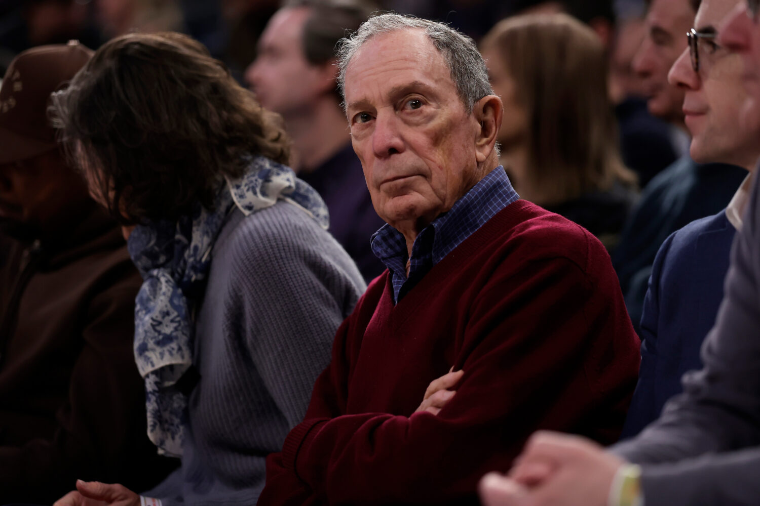 FILE - Michael Bloomberg looks on during the first half of an NBA basketball game between the LA Cl...