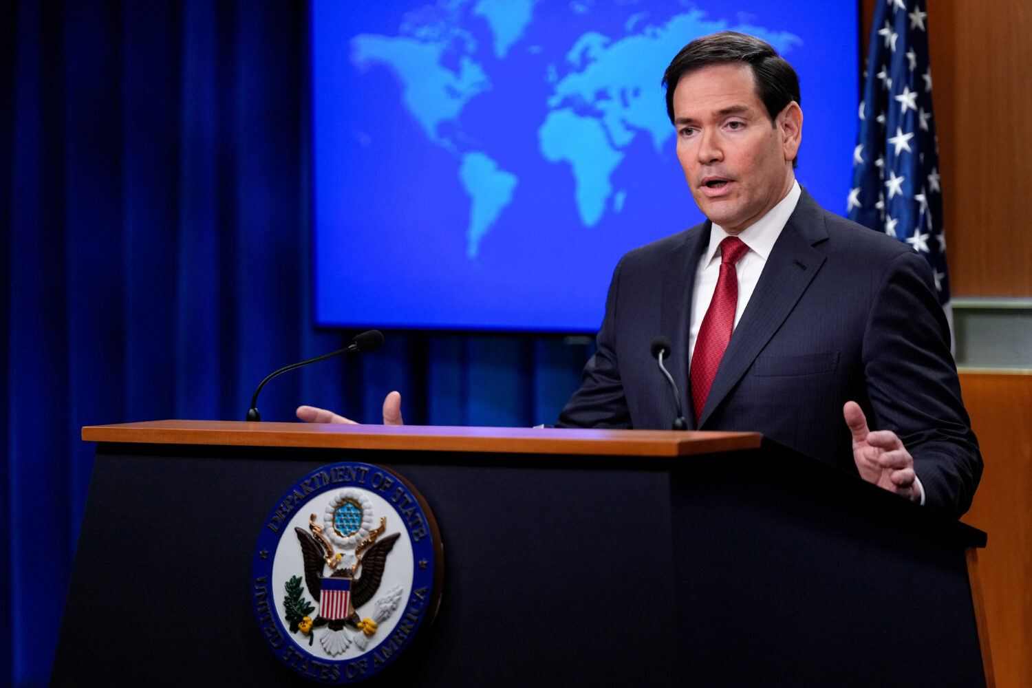 Secretary of State Marco Rubio speaks during a news conference at the State Department, Friday, Dec...