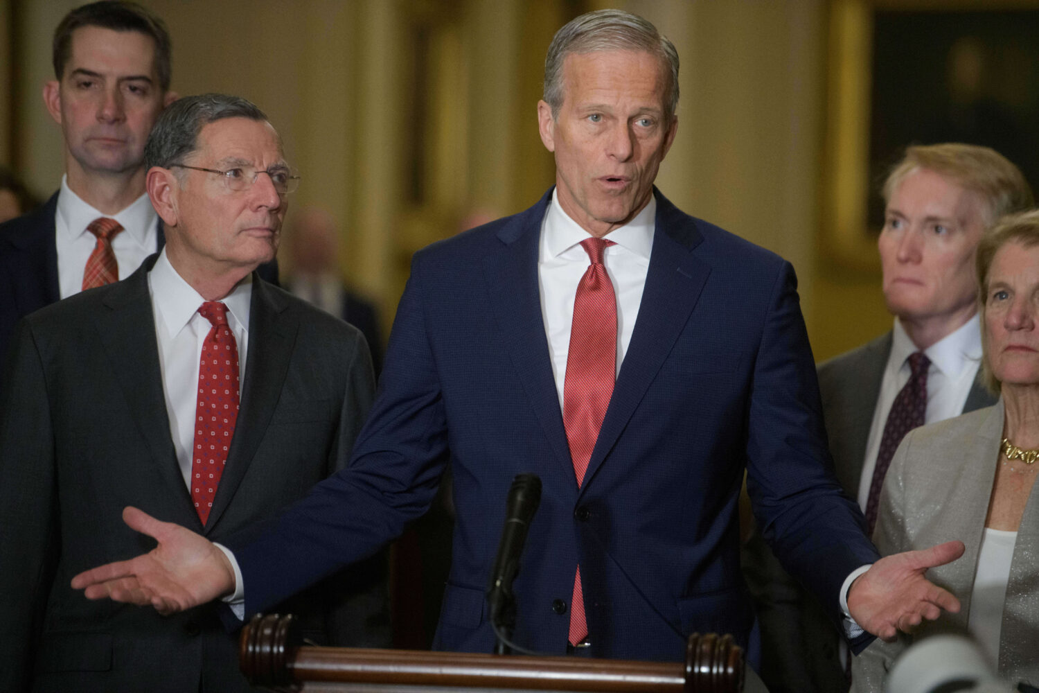 Senate Majority Leader John Thune, R-S.D., center, is joined by from left: Sen. Tom Cotton, R-Ark.,...
