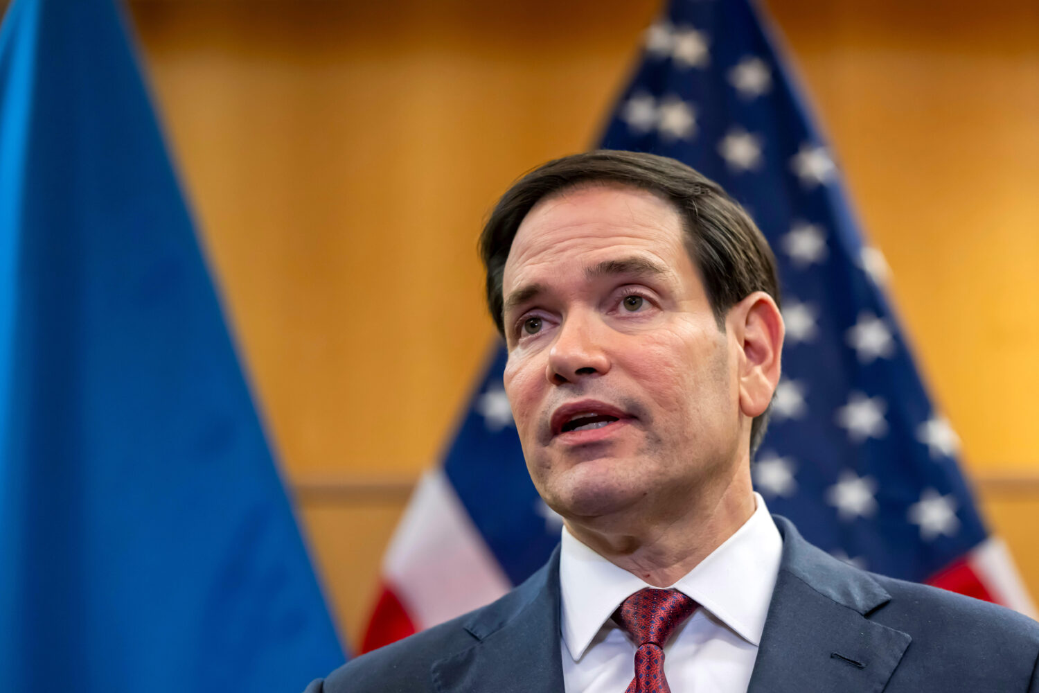 U.S. Secretary of State Marco Rubio talks to the press at the U.S. Mission to International Organiz...