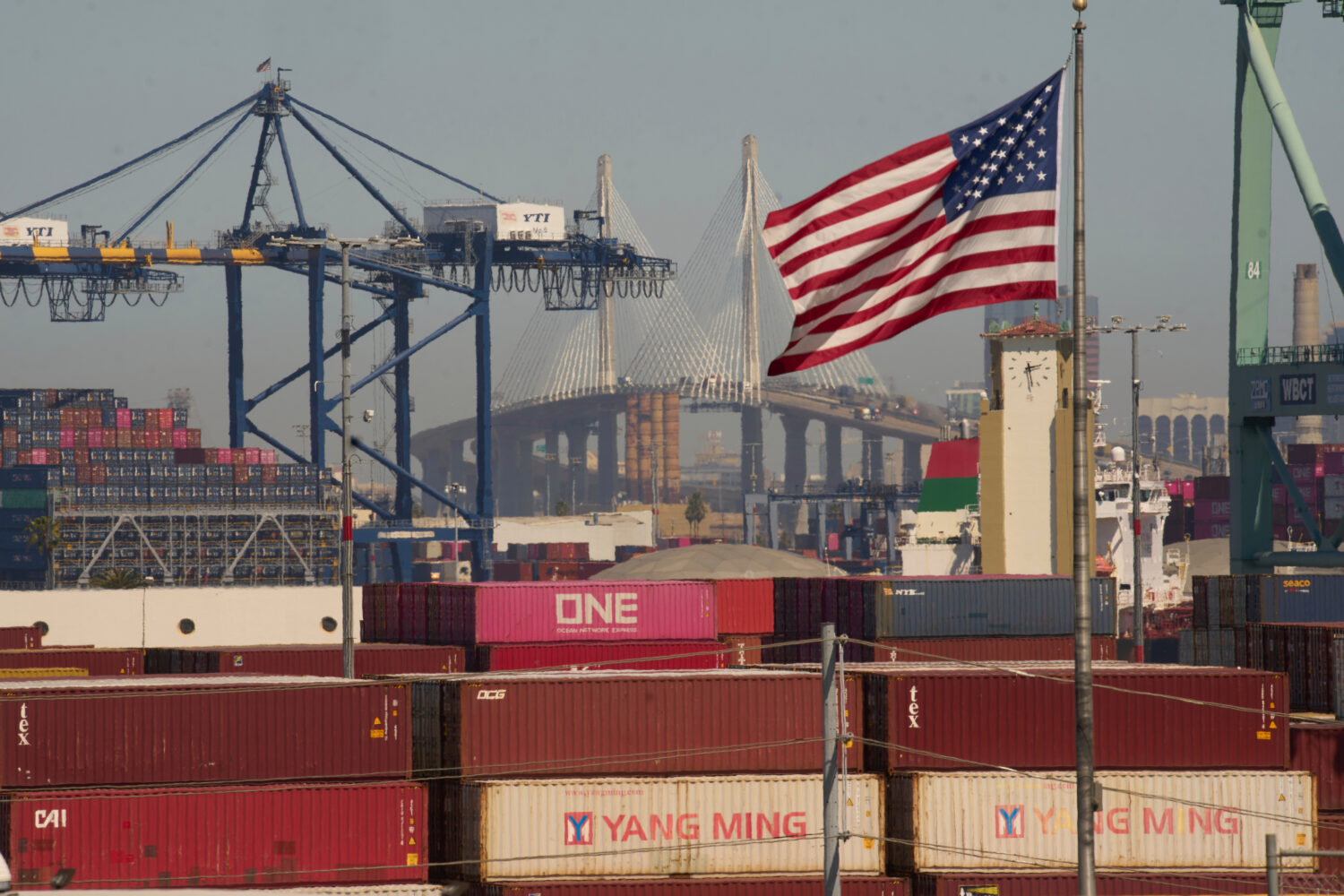 FILE - Containers with Yang Ming Marine Transport Corporation, a Taiwanese container shipping compa...