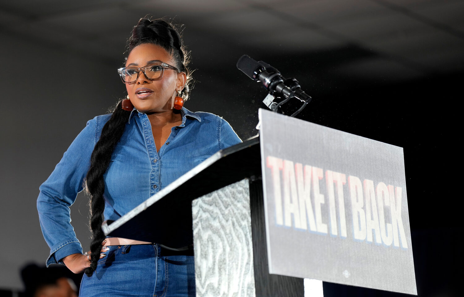 U.S. Rep. Jasmine Crockett, D-Texas, speaks to the crowd before California Gov. Gavin Newsom took t...