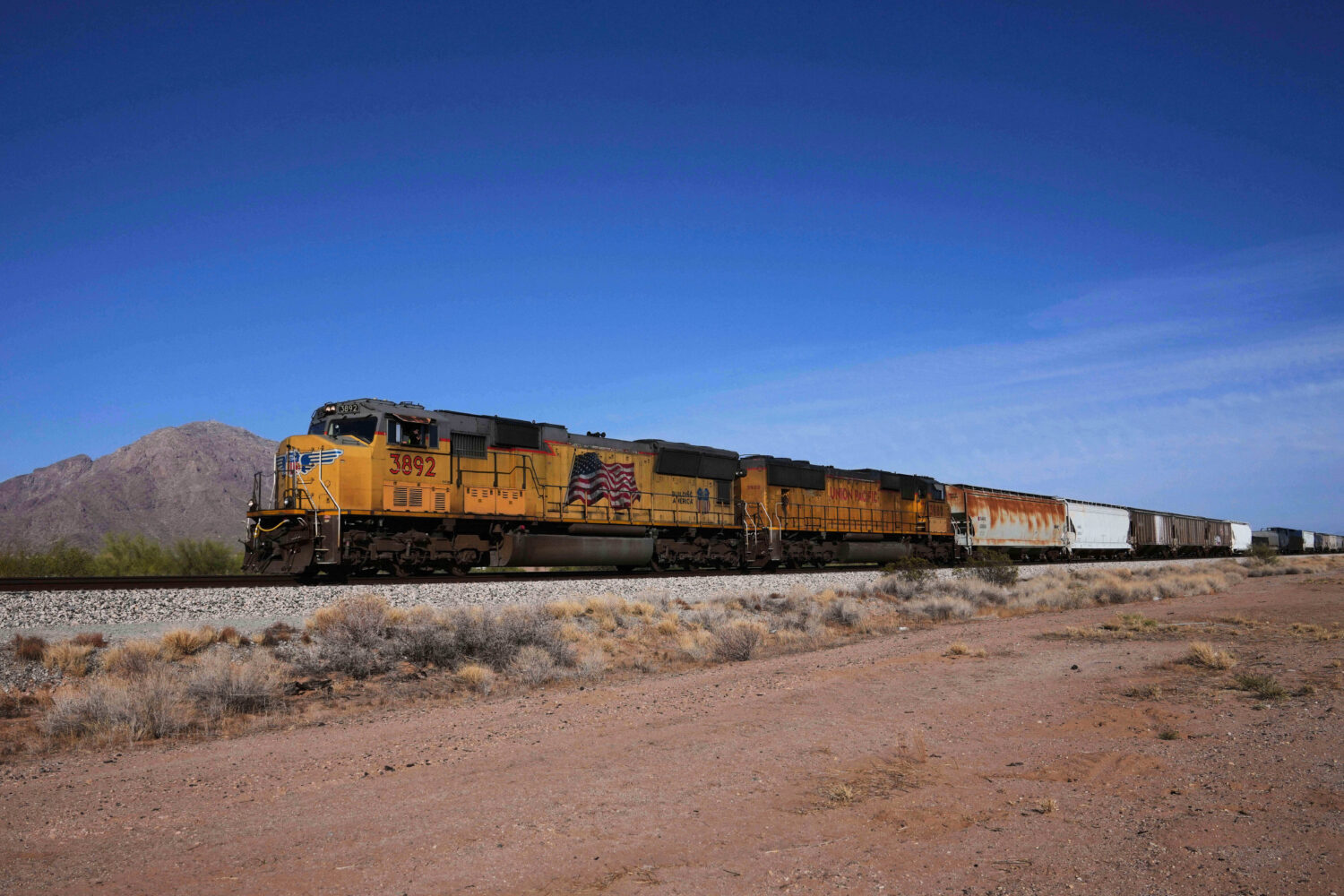 FILE - A Union Pacific freight train travels along the tracks April 17, 2025, in Eloy, Ariz. (AP Ph...