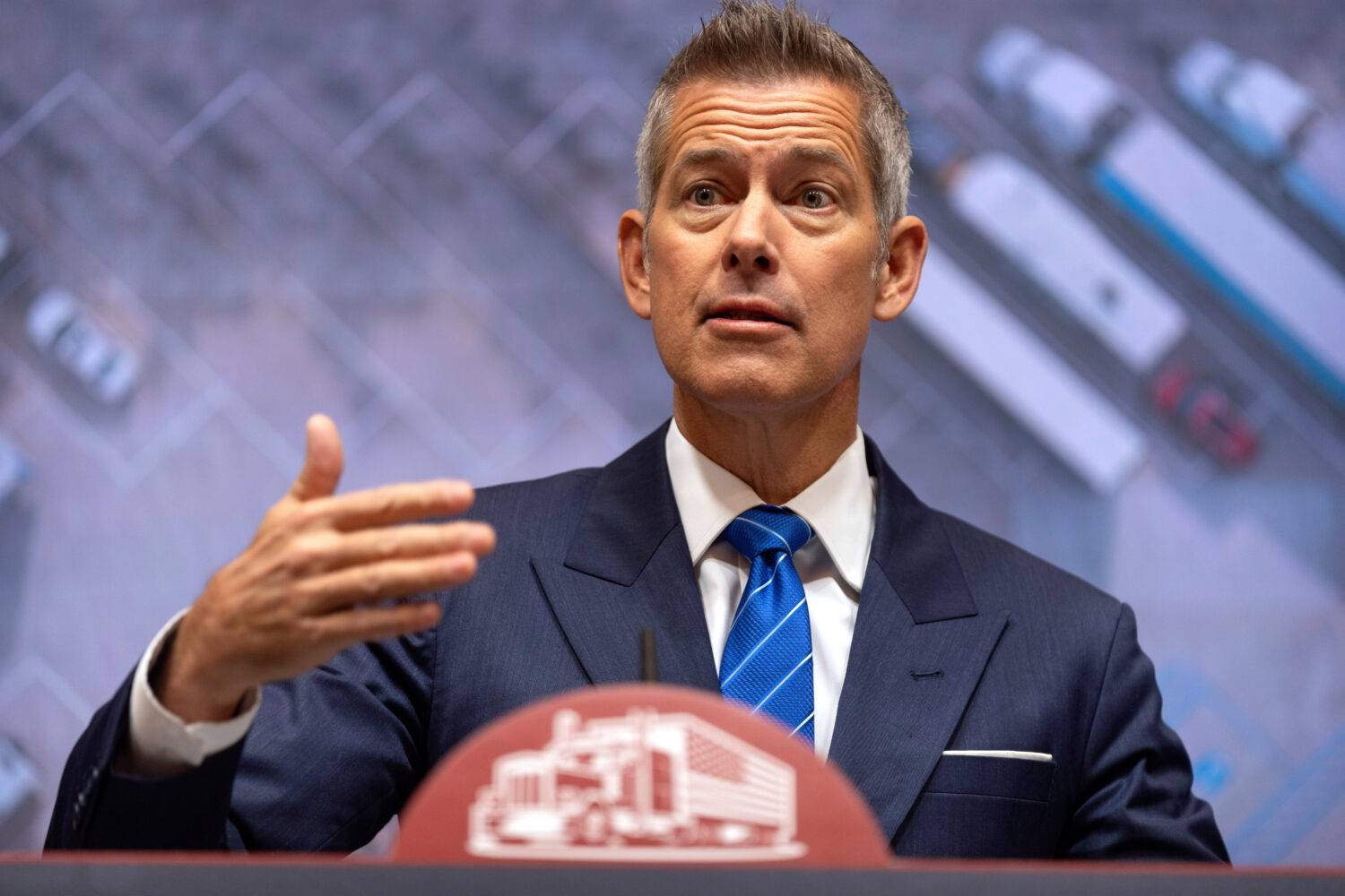 Transportation Secretary Sean Duffy speaks during a news conference at the Department of Transporta...