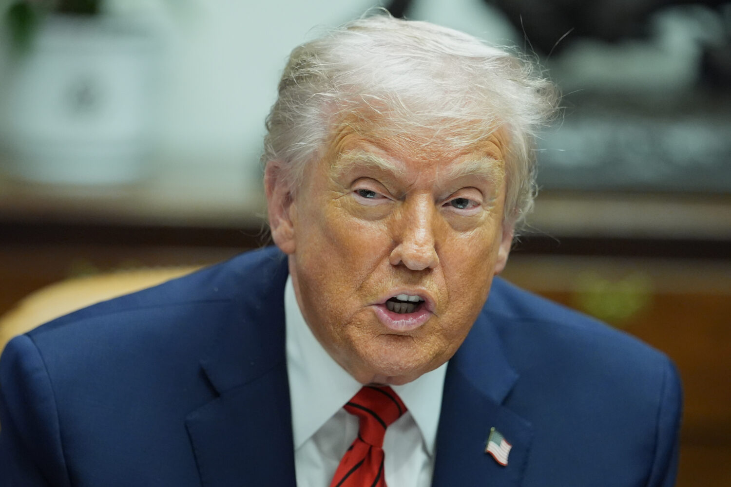 President Donald Trump speaks during a roundtable discussion with business leaders in the Roosevelt...