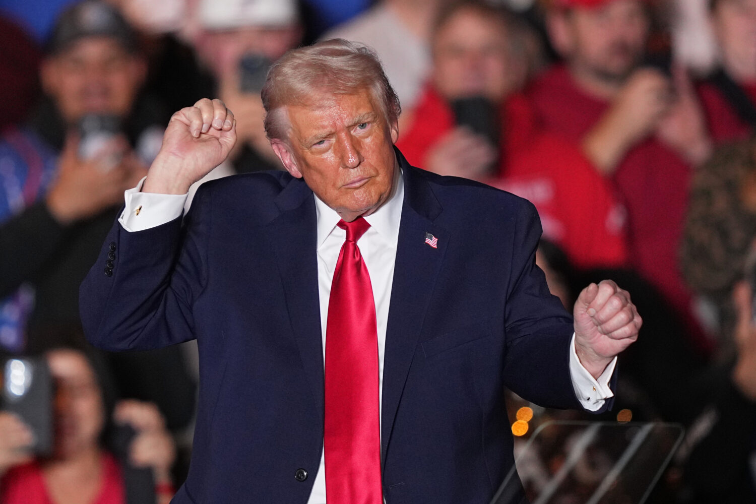 President Donald Trump dances to music after speaking at the Mount Airy Casino Resort in Mount Poco...