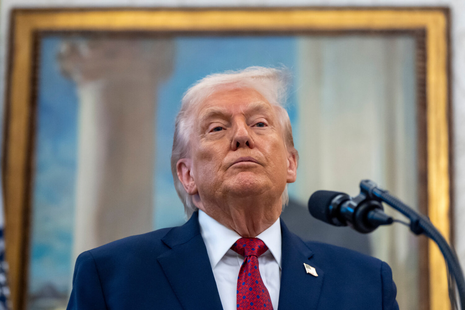 President Donald Trump speaks during a Mexican Border Defense Medal presentation in the Oval Office...