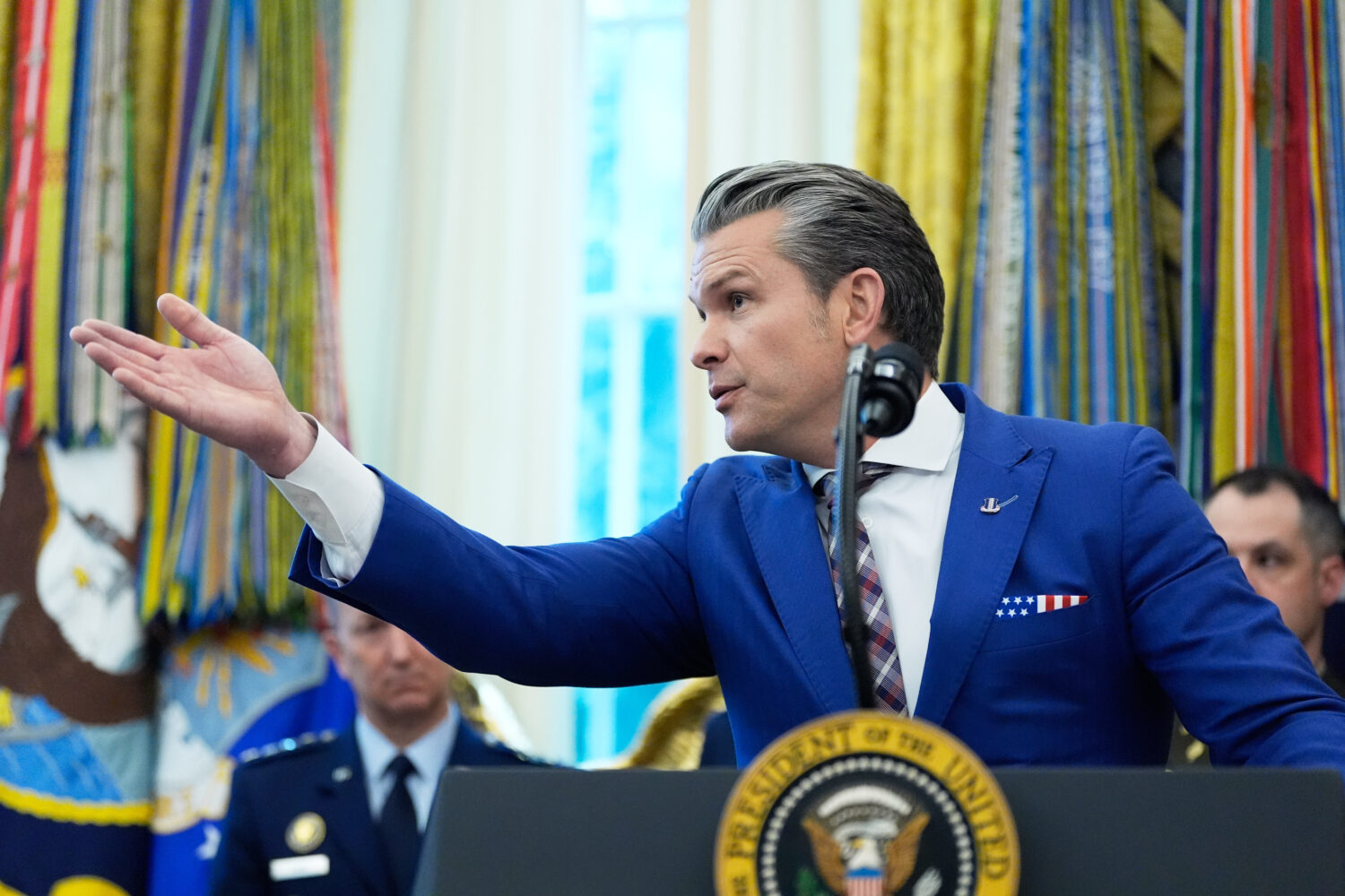 Defense Secretary Pete Hegseth speaks during a Mexican Border Defense Medal presentation in the Ova...