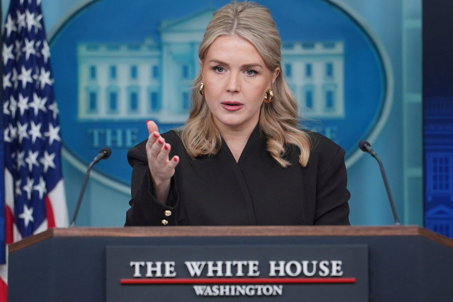 White House press secretary Karoline Leavitt speaks during a press briefing at the White House, Thu...