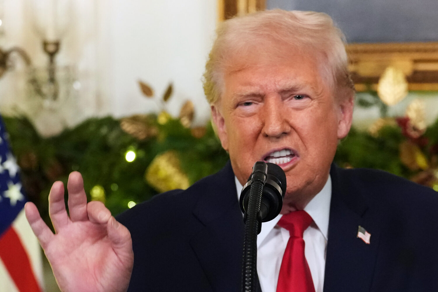 President Donald Trump speaks during an address to the nation from the Diplomatic Reception Room at...