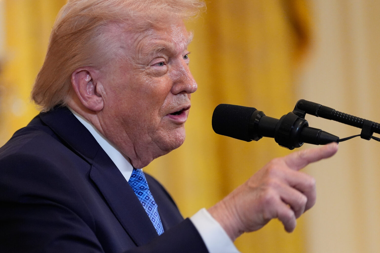 President Donald Trump speaks during a Hanukkah reception in the East Room of the White House, Tues...