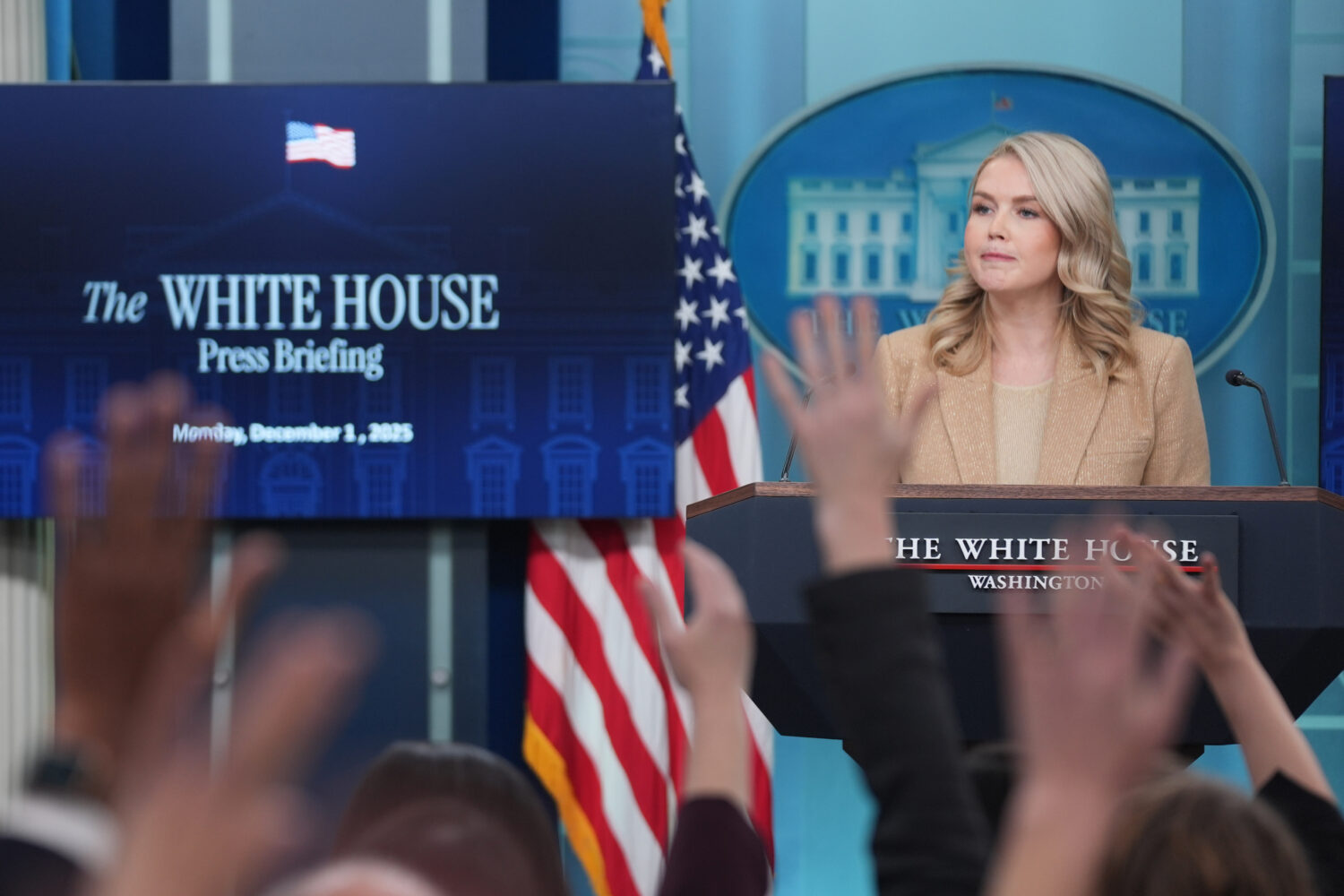 White House press secretary Karoline Leavitt speaks during a press briefing at the White House, Mon...