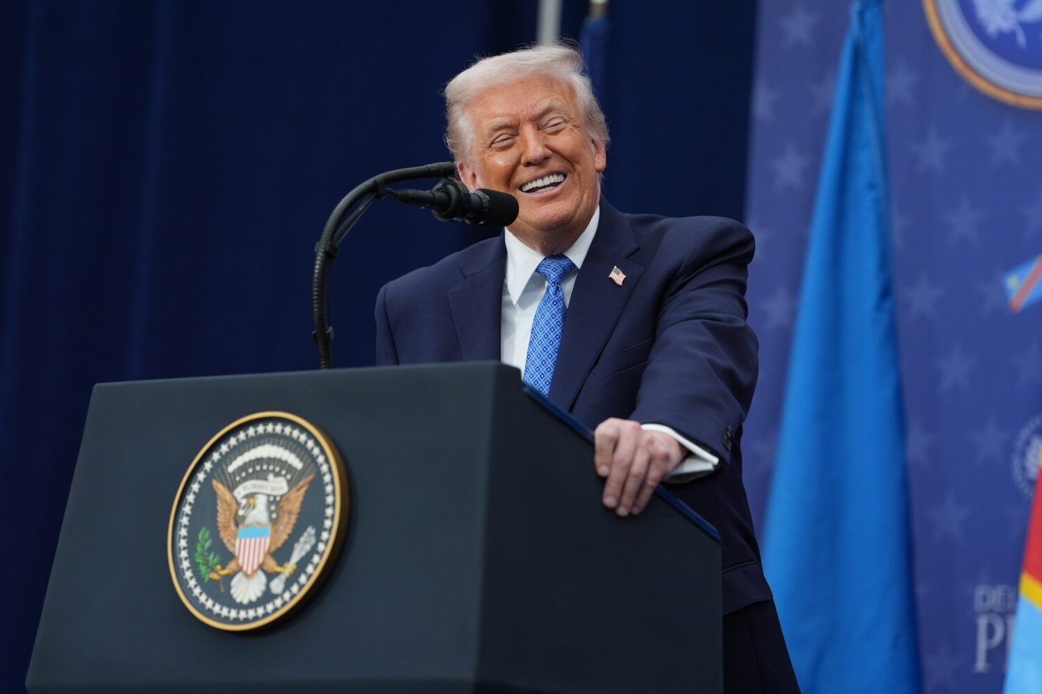 President Donald Trump speaks during a signing ceremony with Rwanda's President Paul Kagame and Dem...