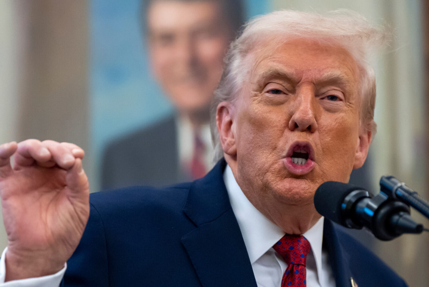 President Donald Trump speaks during a Mexican Border Defense Medal presentation in the Oval Office...