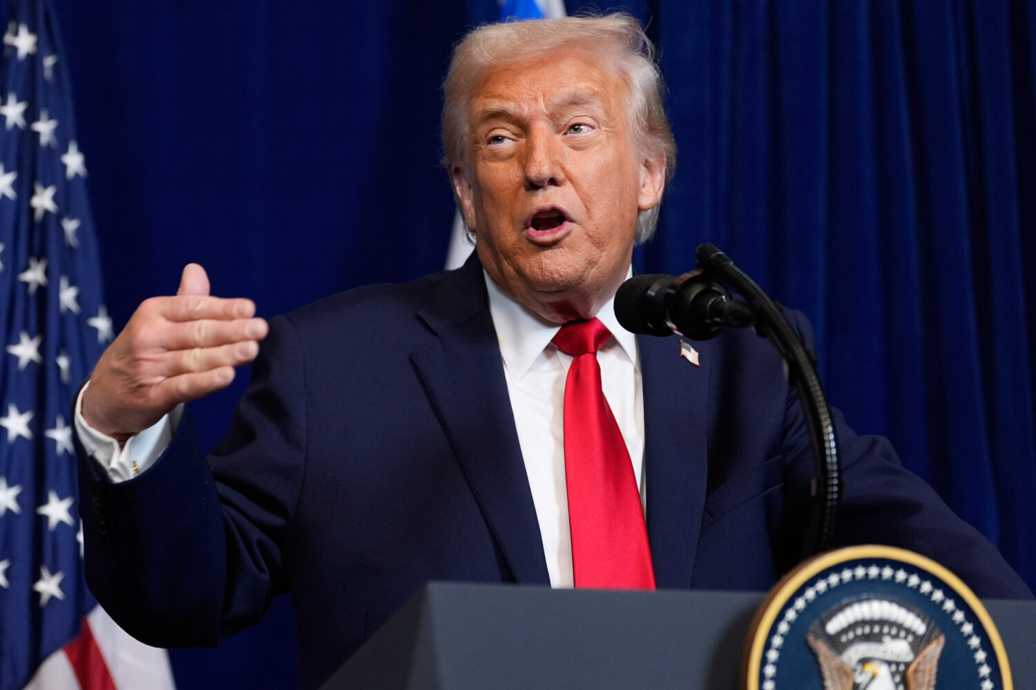 President Donald Trump speaks during a news conference with Israel's Prime Minister Benjamin Netany...