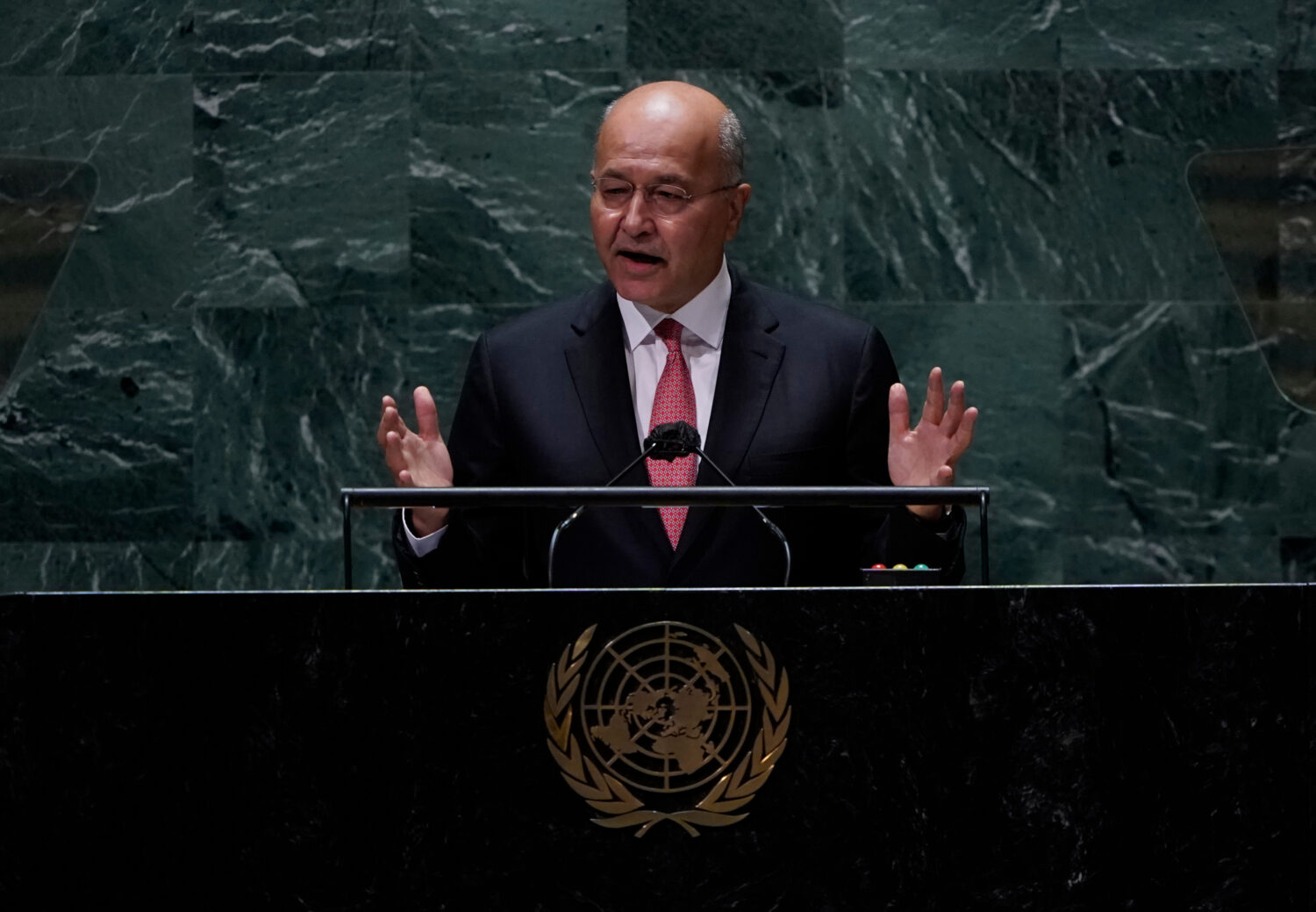 FILE - Barham Salih, President of Iraq addresses the 76th Session of the U.N. General Assembly at U...