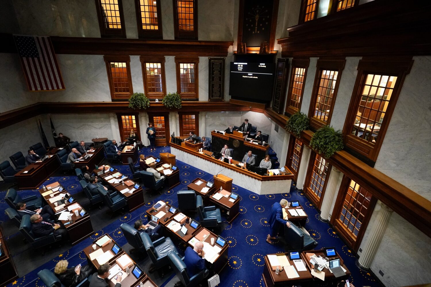 FILE - Senators meet in the senate chamber at the Statehouse, Feb. 1, 2024, in Indianapolis. (AP Ph...