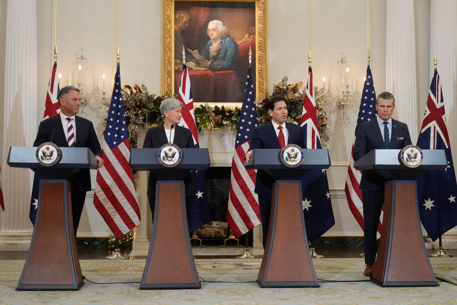 Secretary of State Marco Rubio speaks as Australia's Deputy Prime Minister and Defense Minister Ric...
