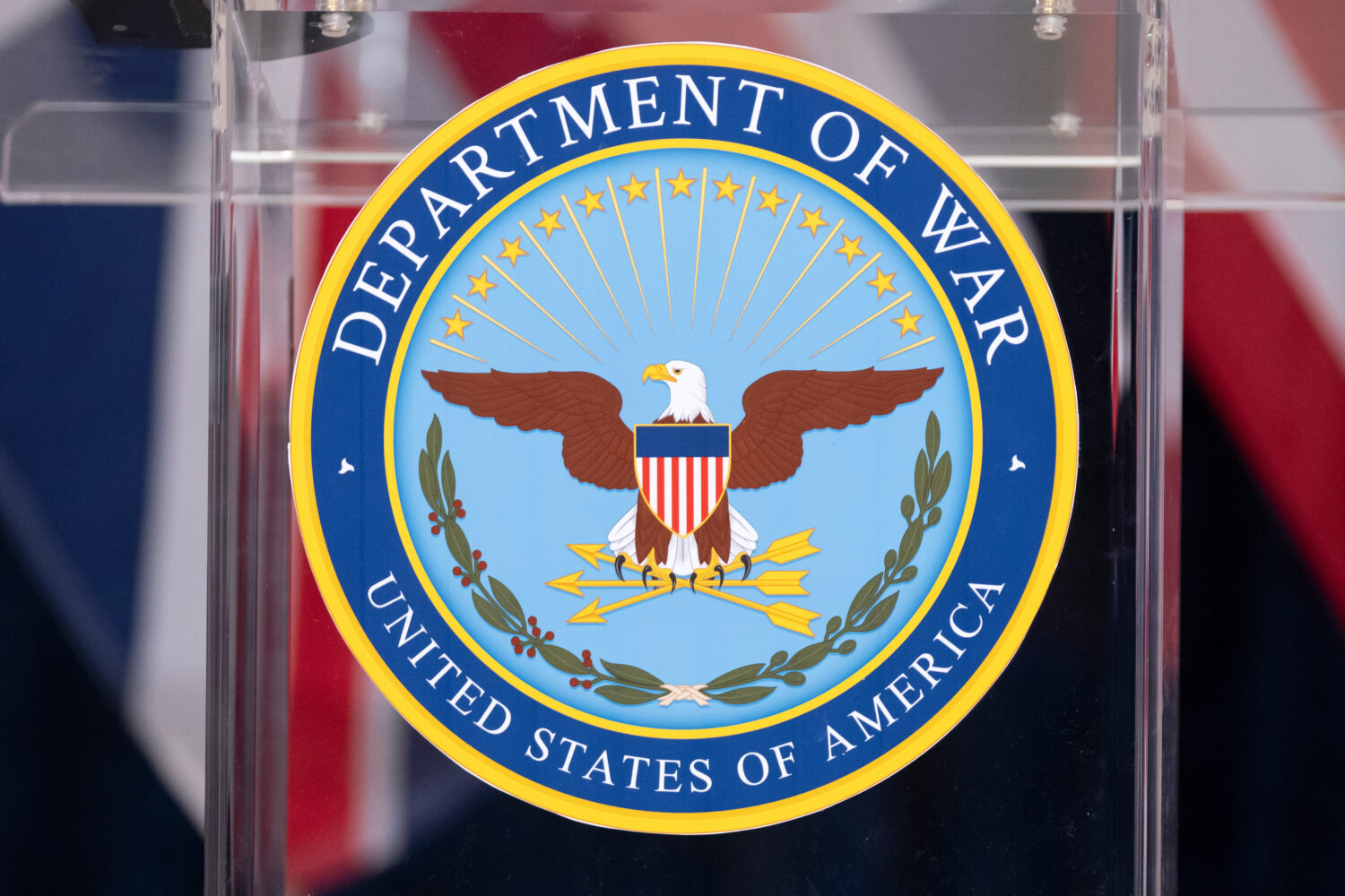 The seal is seen on a podium at the Pentagon, Wednesday, Dec. 10, 2025, in Washington, before Defen...
