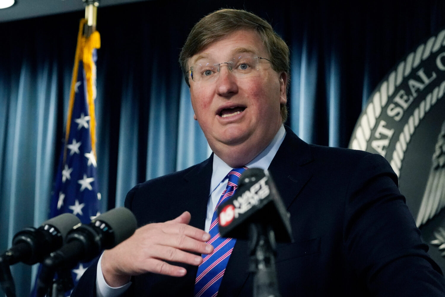 FILE - Republican Gov. Tate Reeves responds to a reporter's question during a news conference Tuesd...