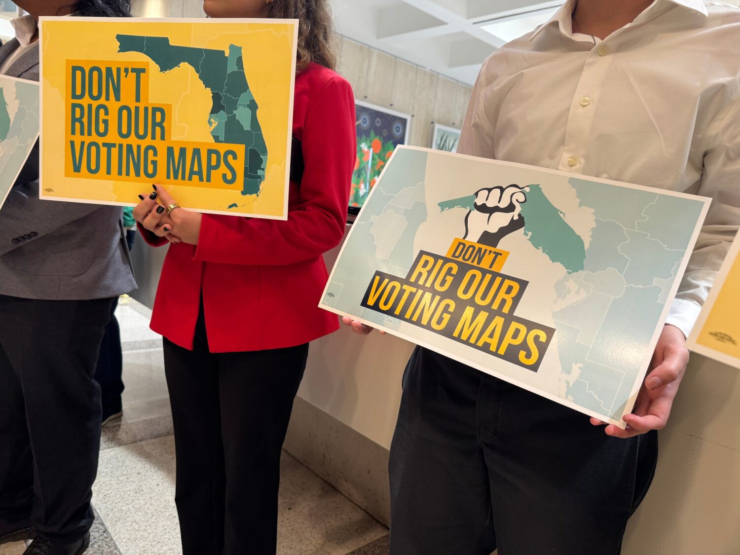 Opponents of mid-decade efforts to redraw congressional voting districts gather to protest in the F...