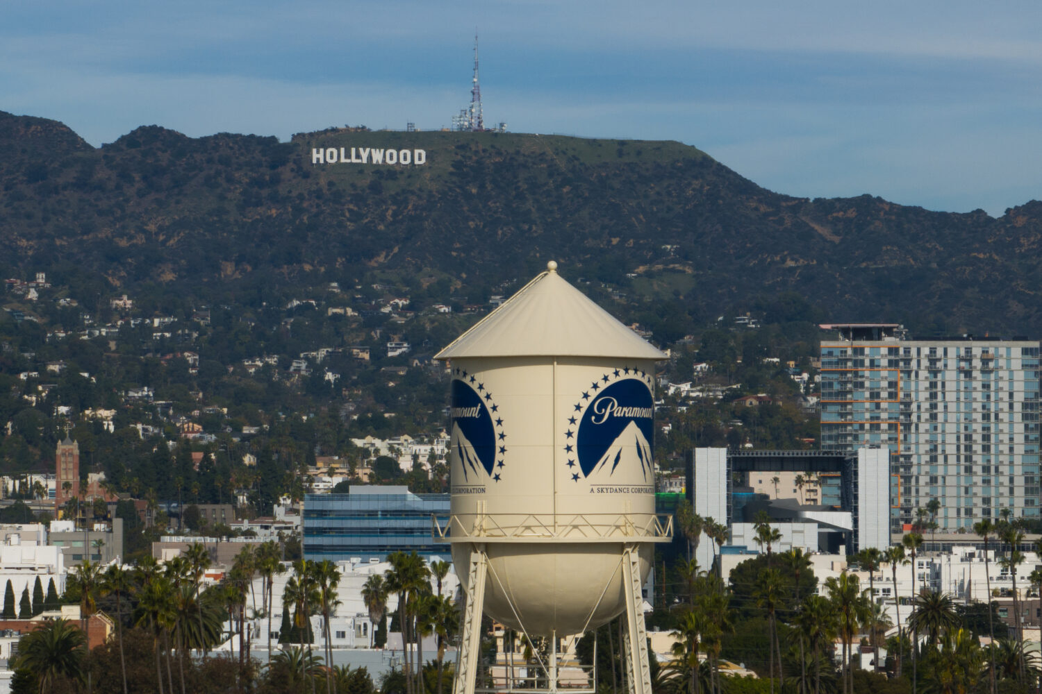 The Paramount Pictures water tower is seen in Los Angeles, Thursday, Dec. 18, 2025, with the Hollyw...