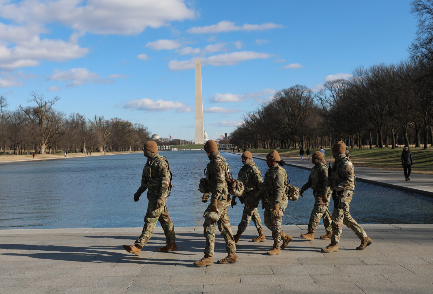 National Guard patrol in the Lincoln Memorial, Thursday, Dec. 11, 2025, in Washington. The Washingt...