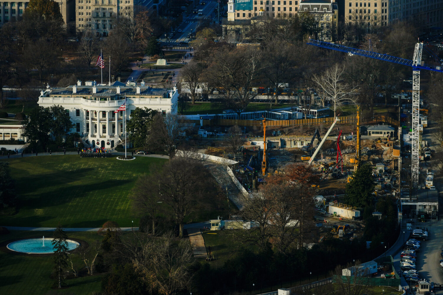 Work continues on the construction of the ballroom at the White House where the East Wing once stoo...