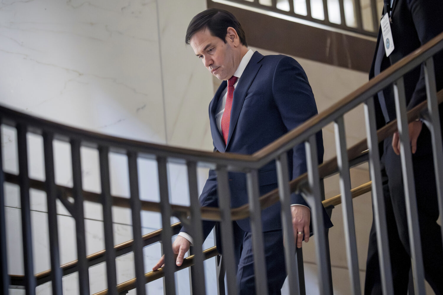 Secretary of State Marco Rubio arrives at the U.S. Capitol Monday, Jan. 5, 2026, for a closed-door ...