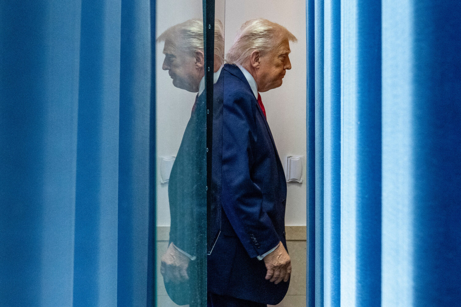 President Donald Trump departs after speaking with reporters in the James Brady Press Briefing Room...