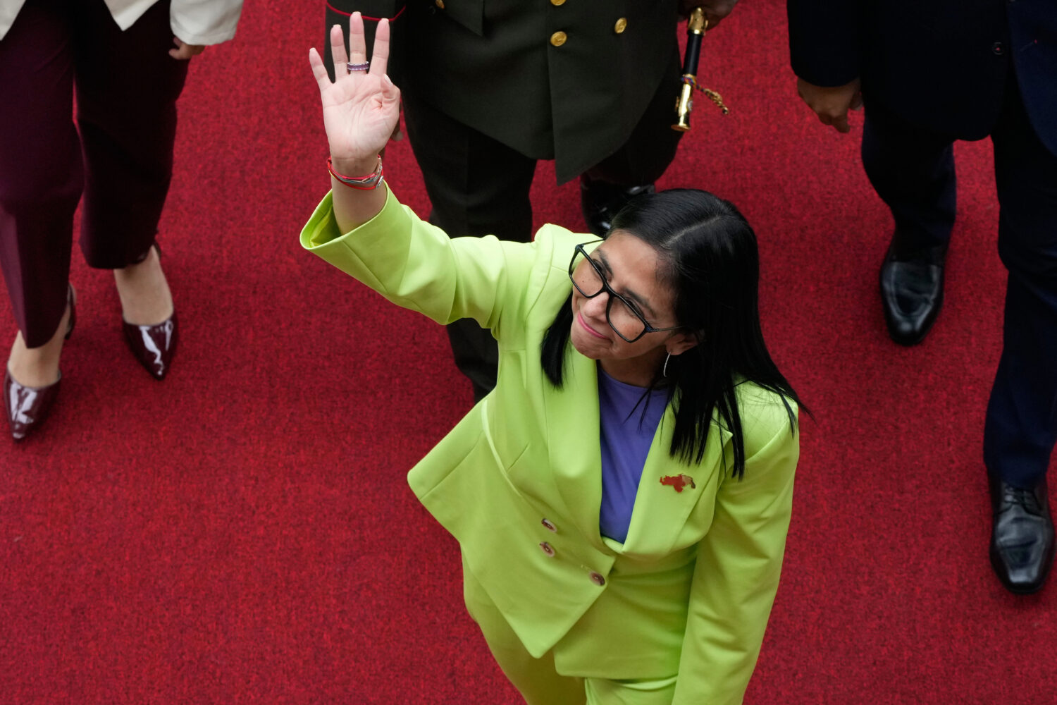 Venezuela's acting President Delcy Rodriguez arrives at the National Assembly in Caracas, Venezuela...