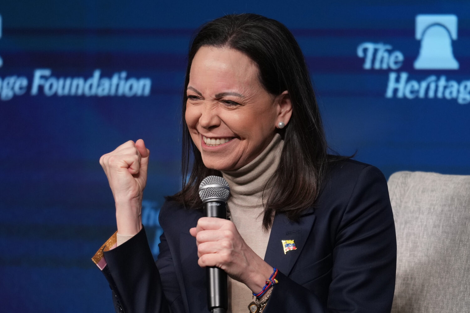 Venezuelan opposition leader Maria Corina Machado speaks at the Heritage Foundation, an influential...
