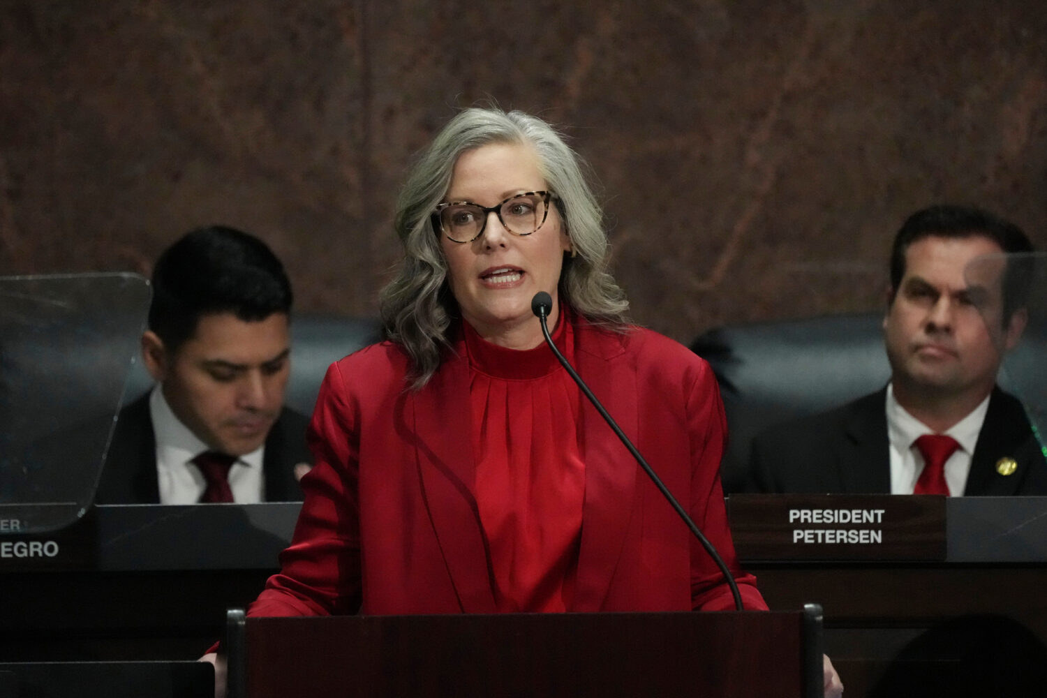 Arizona Democratic Gov. Katie Hobbs speaks during her State of the State address in the House of Re...