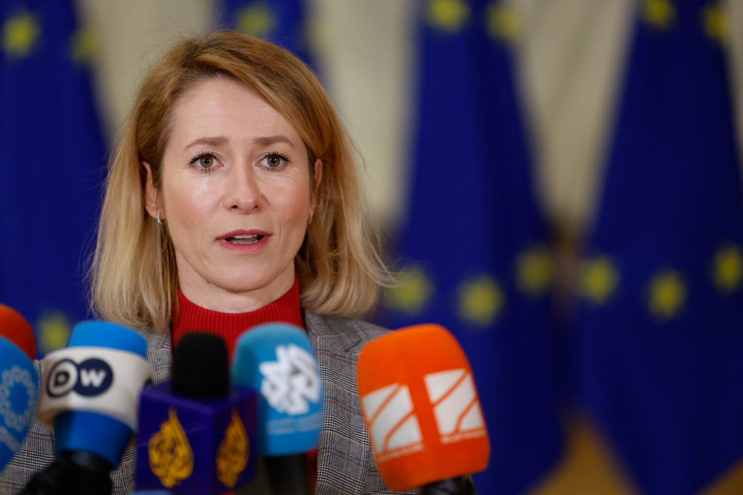 European Union foreign policy chief Kaja Kallas speaks with the media as she arrives for a meeting ...