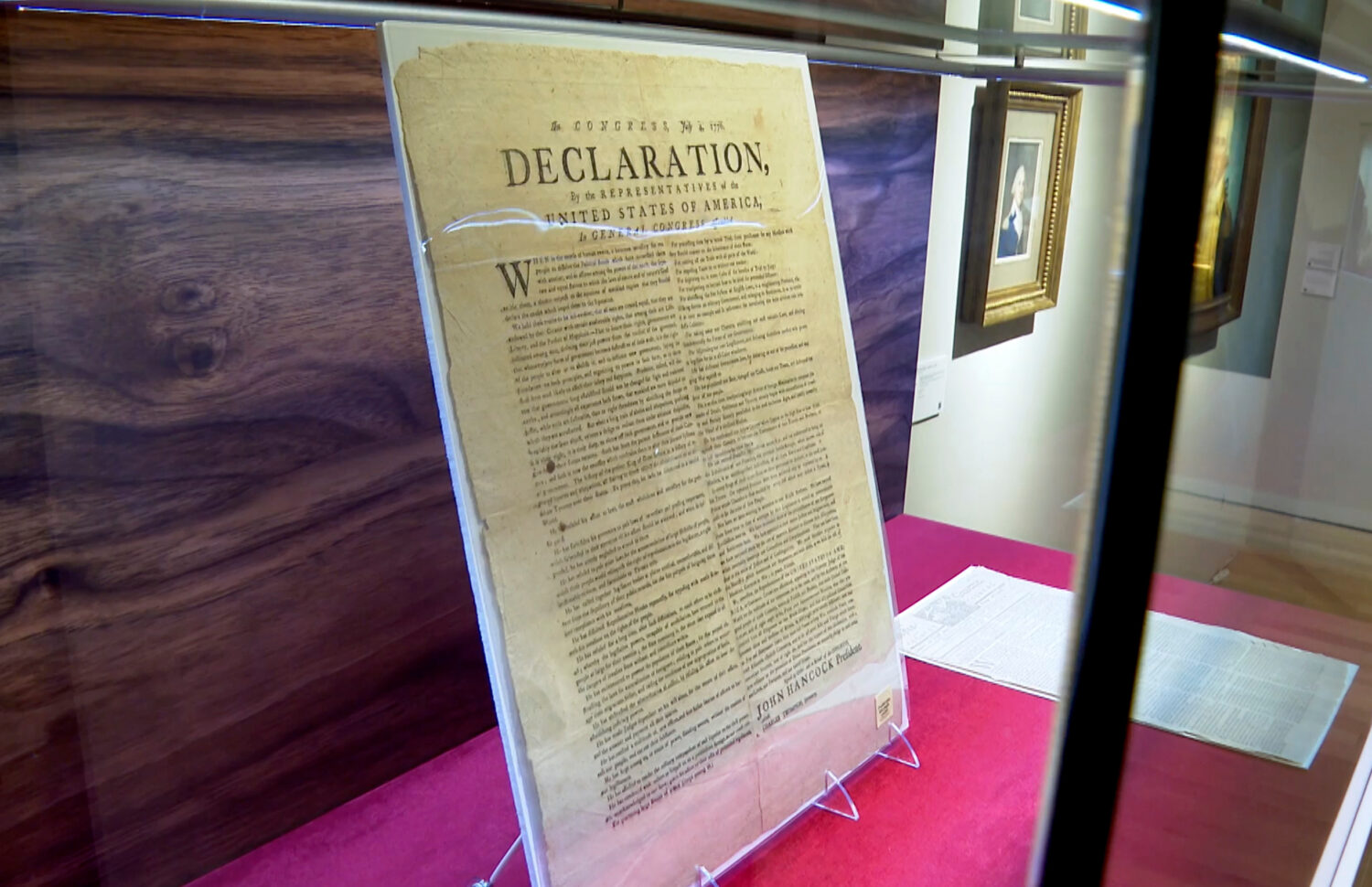 A copy of the Declaration of Independence, printed by Robert Luist Fowle in July 1776, sits on disp...
