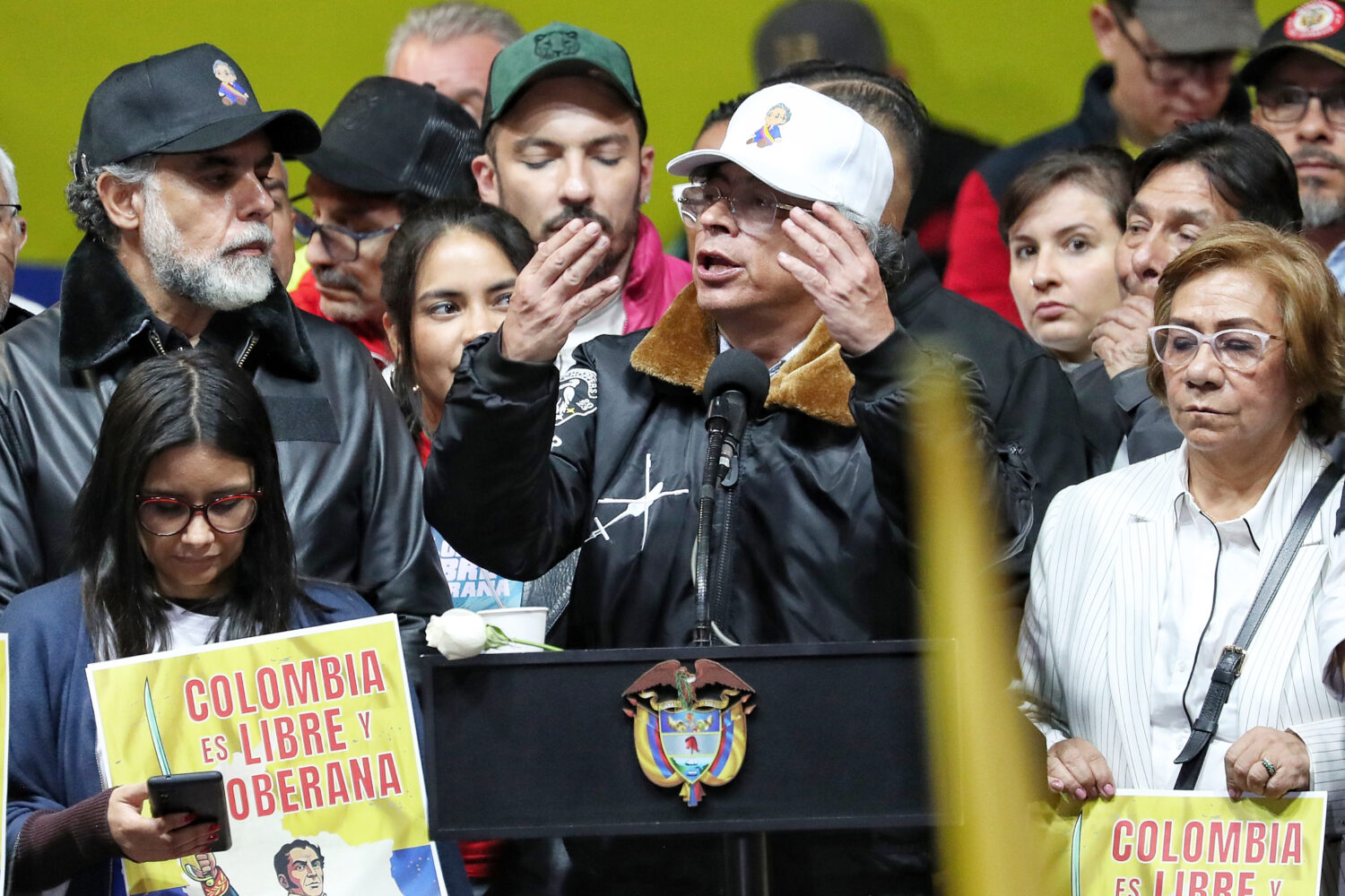 Colombian President Gustavo Petro addresses supporters in a rally he called to protest comments by ...