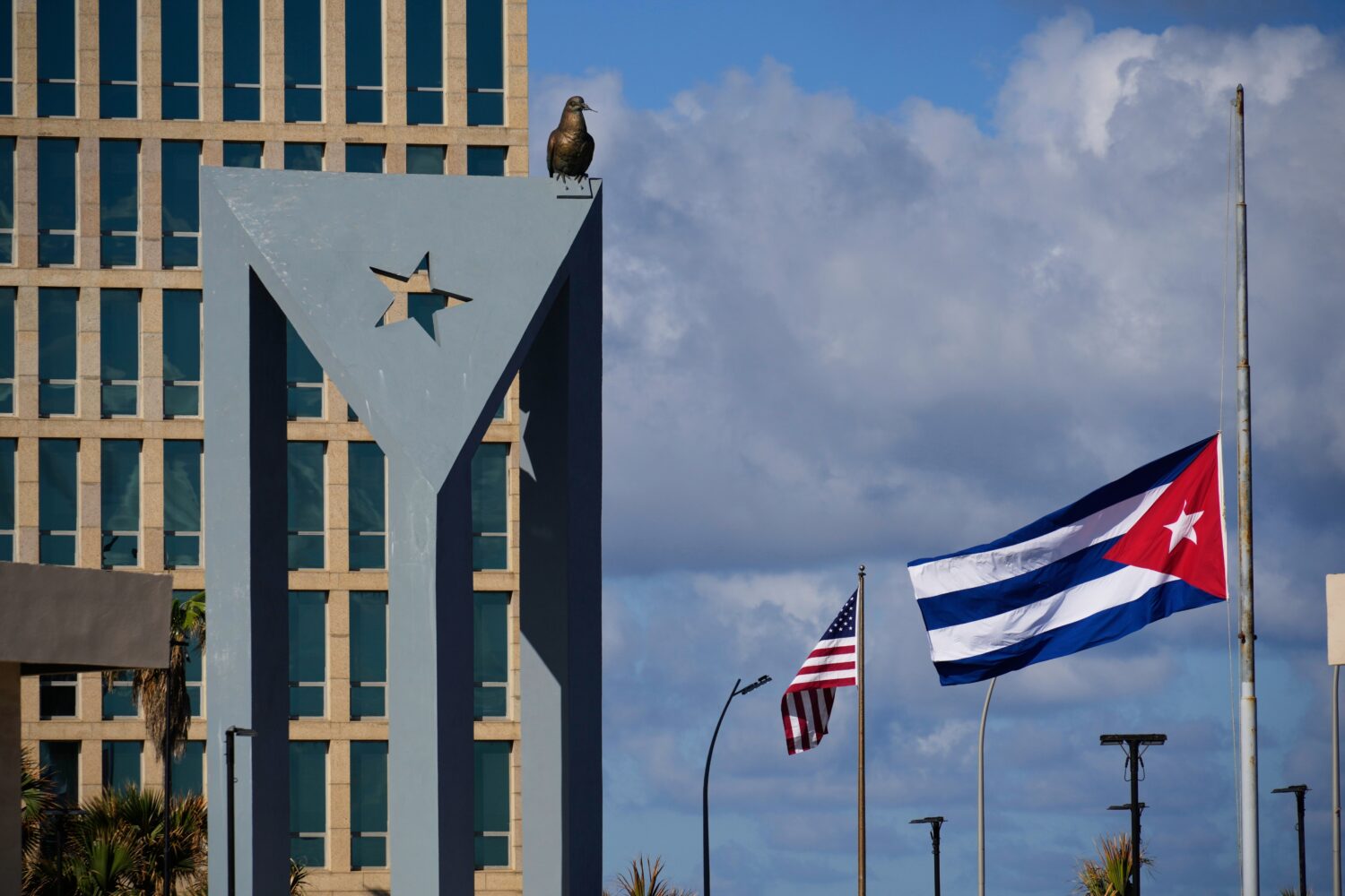 The Cuban flag flies at half-mast at the Anti-Imperialist Tribune near the U.S. embassy in Havana, ...