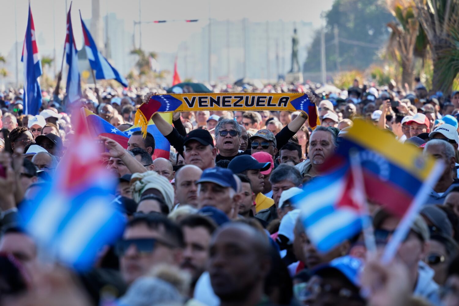 Cubans attends a rally in Havana, Saturday, Jan. 3, 2026, in solidarity with Venezuela after the U....