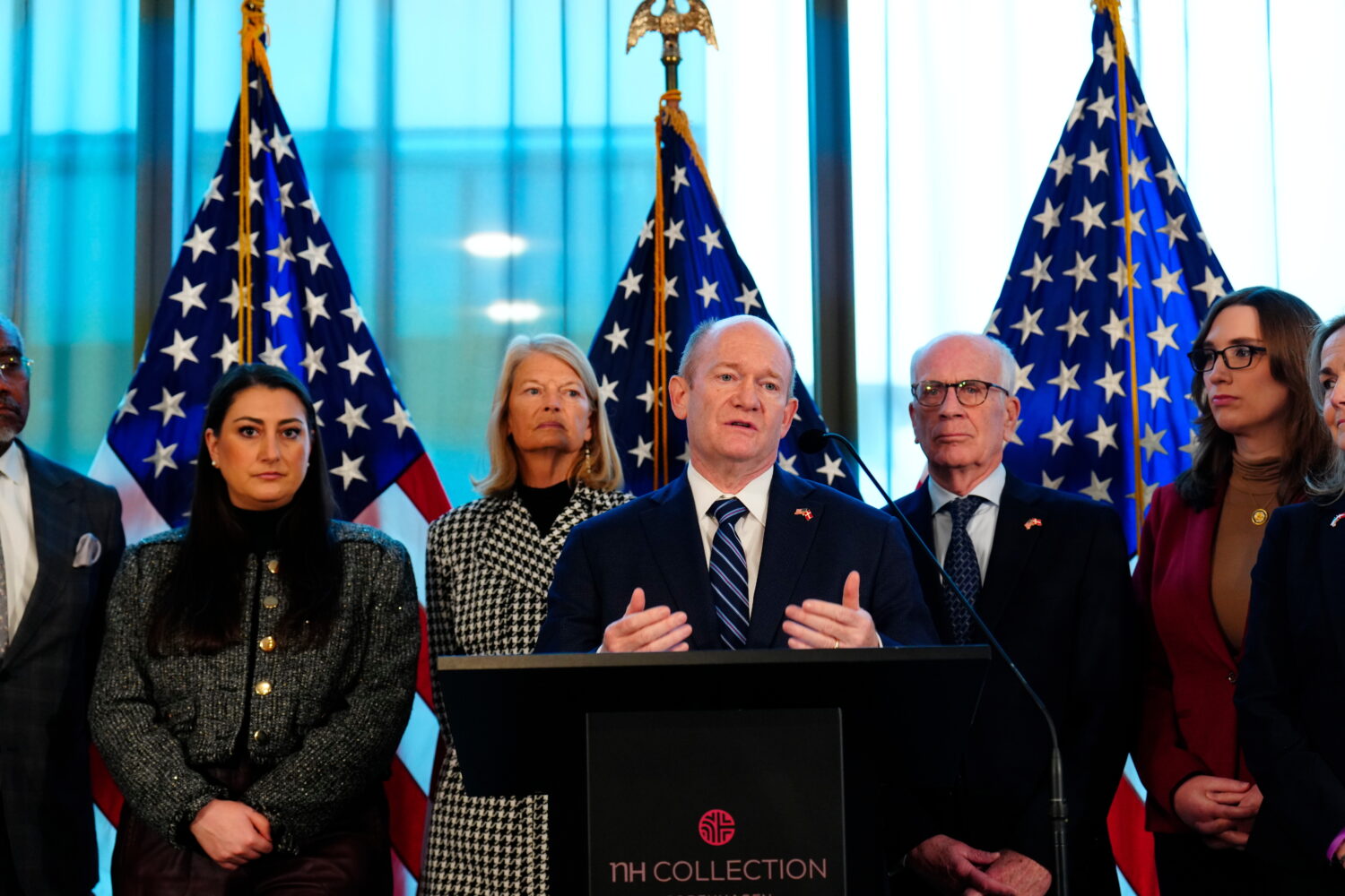 Senator Chris Coons from the Democratic Party speaks during a press conference with the American de...