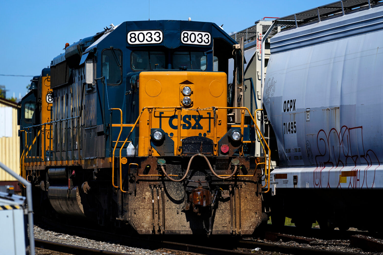 FILE - A CSX train engine sits idle on tracks in Philadelphia, Sept. 14, 2022. (AP Photo/Matt Rourk...