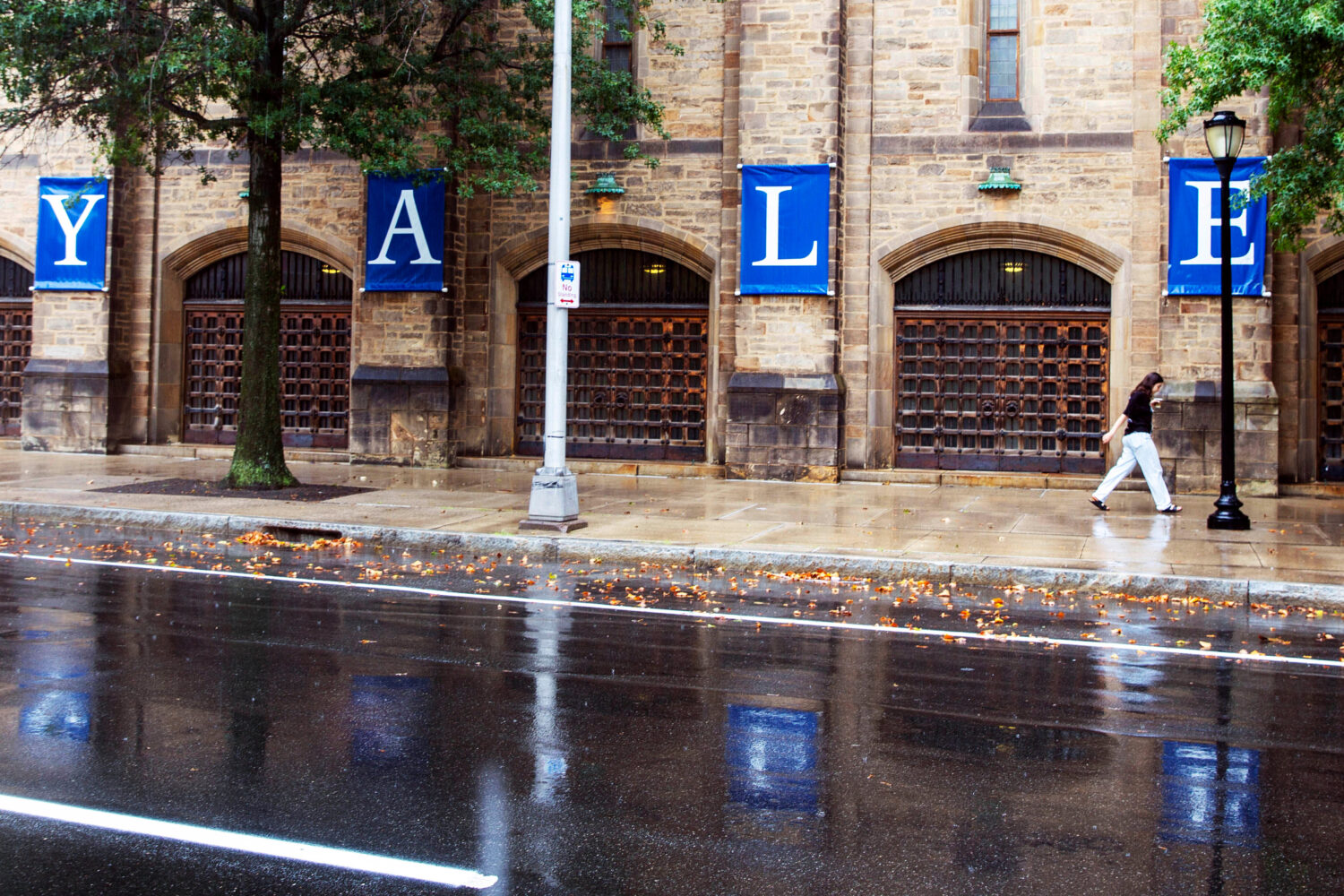 FILE - A woman walks by a Yale sign reflected in the rainwater on the Yale University campus in New...