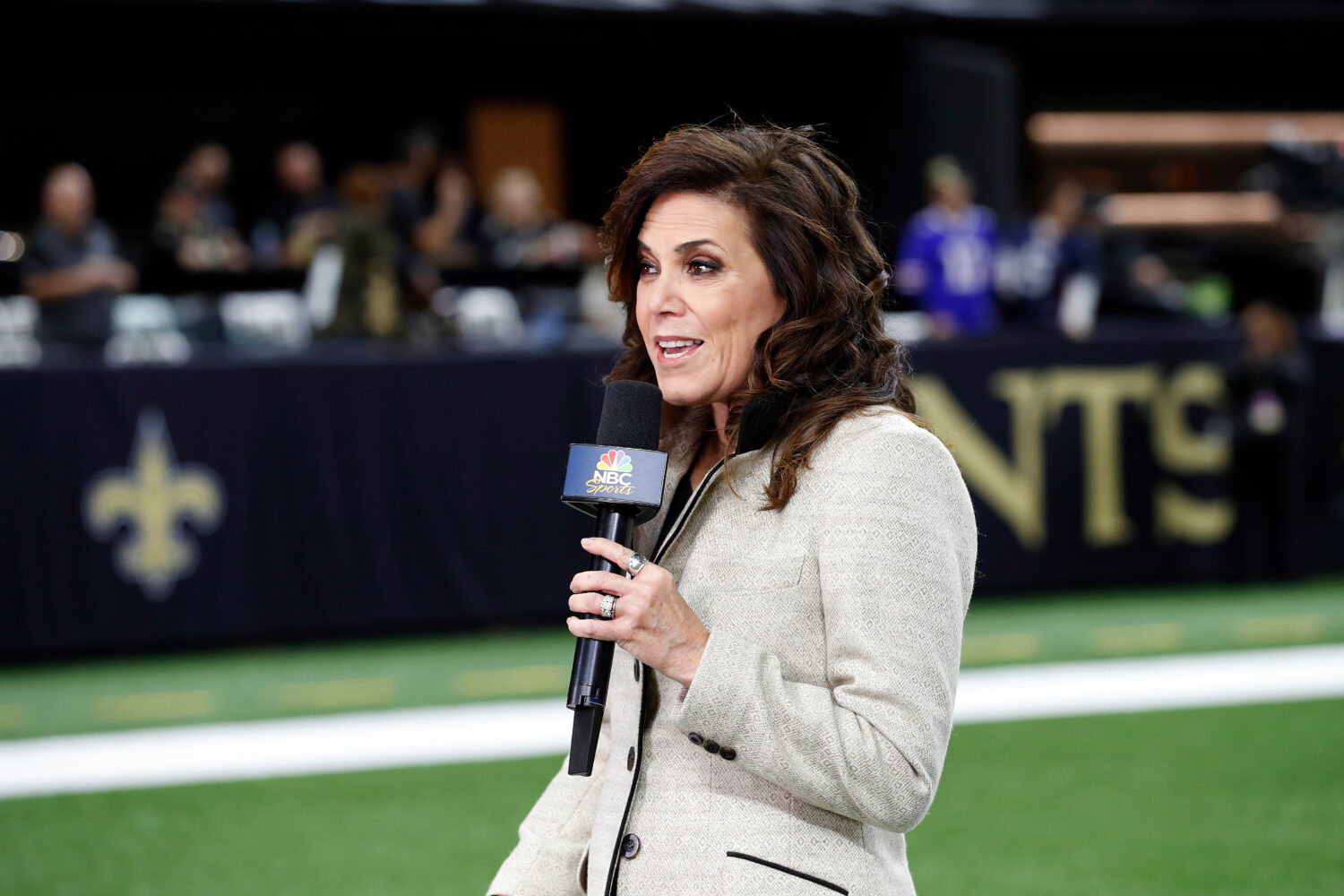 FILE - NBC Sports reporter Michele Tafoya is seen before an NFL football game between the New Orlea...