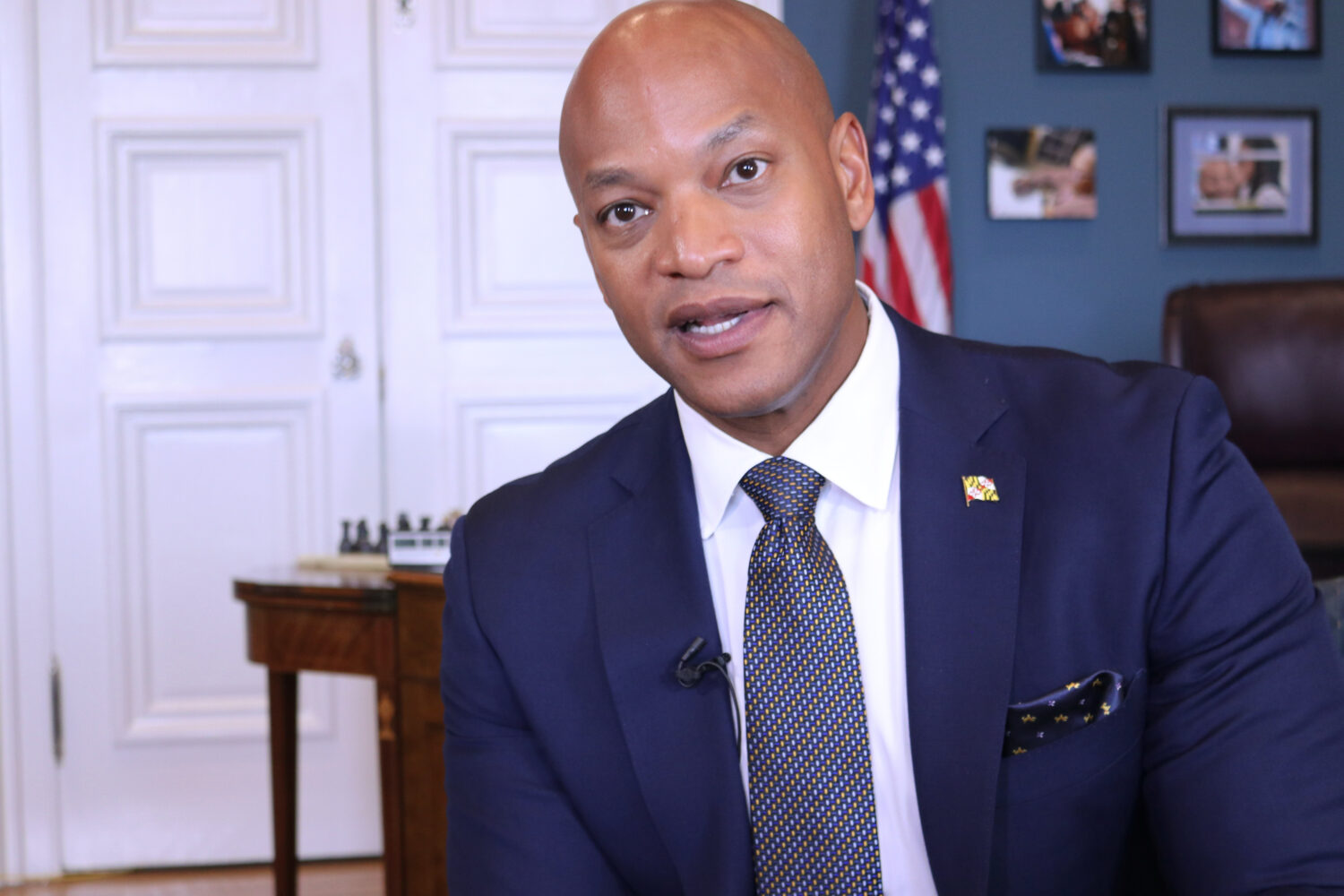 Maryland Gov. Wes Moore speaks during an interview in his office in Annapolis, Md., on the first da...