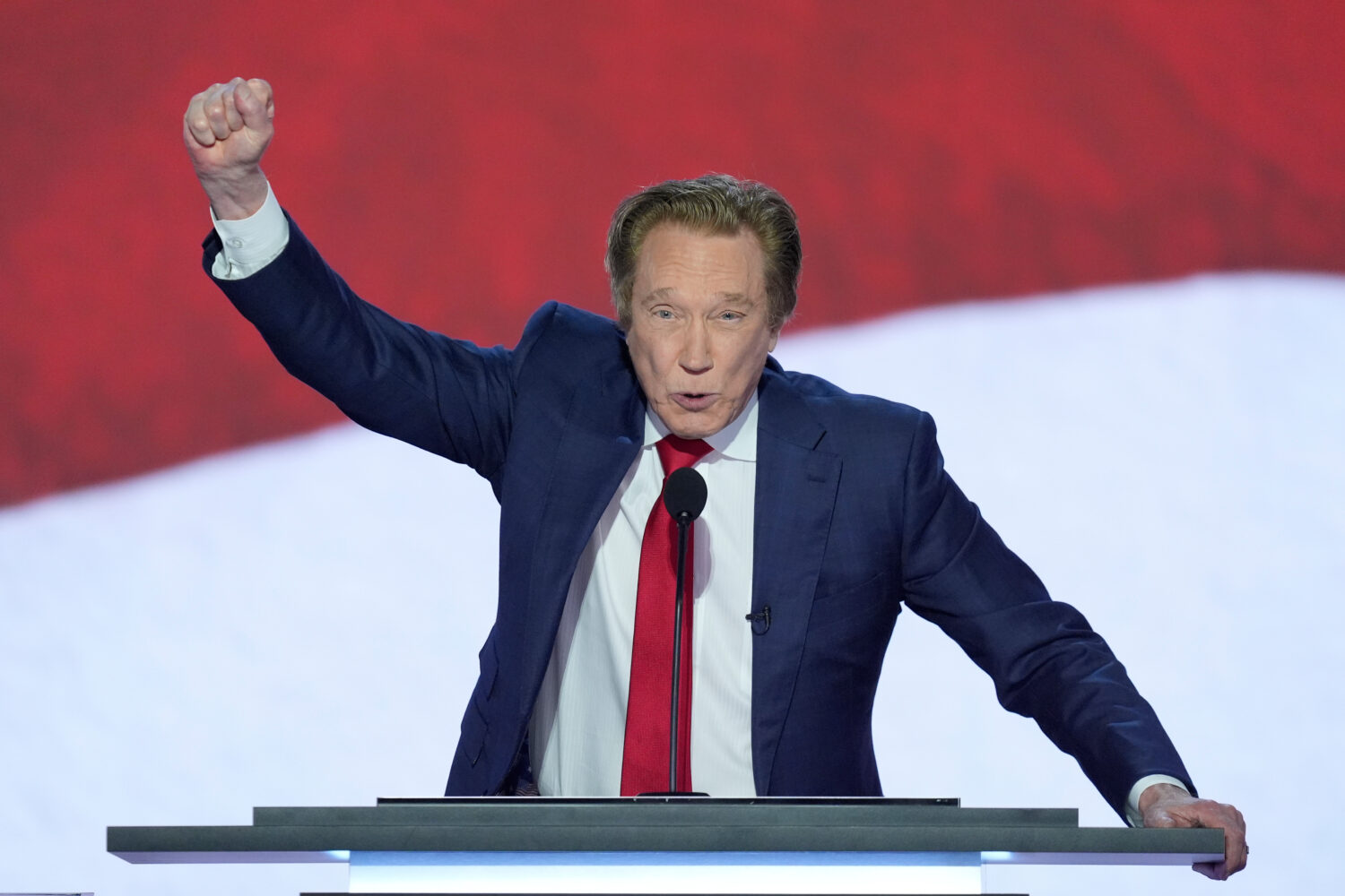FILE - Perry Johnson speaks during the second day of the Republican National Convention, Tuesday, J...